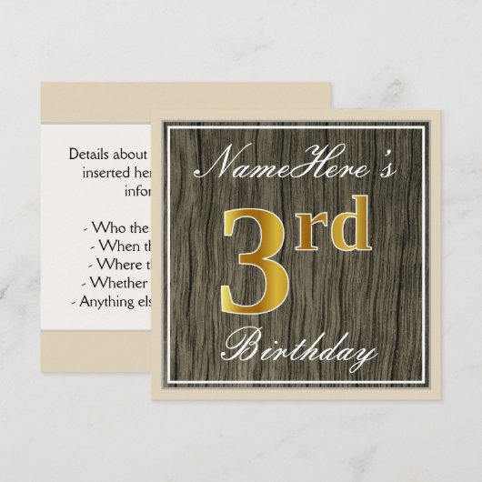 Elegant, Faux Wood, Faux Gold 3rd Birthday + Naam Kaart (Voorkant / Achterkant)
