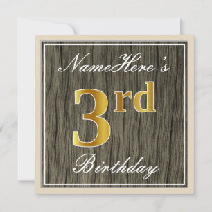 Elegant, Faux Wood, Faux Gold 3rd Birthday + Naam Kaart