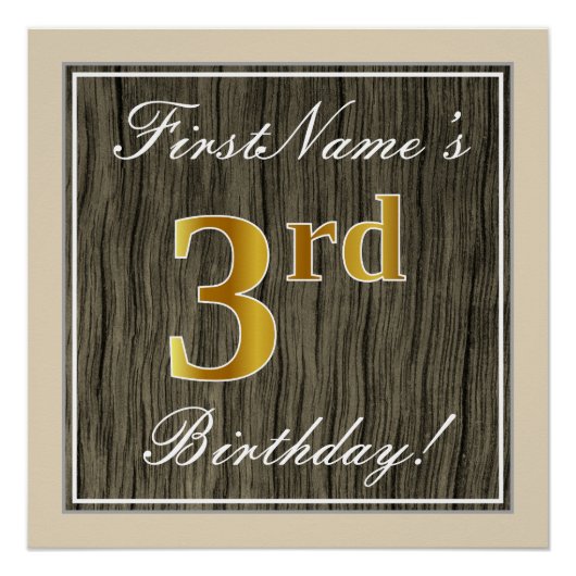 Elegant, Faux Wood, Faux Gold 3rd Birthday + Naam Poster (Voorkant)
