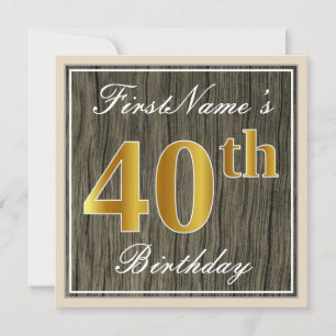 Elegant, Faux Wood, Faux Gold 40th Birthday + Naam Kaart