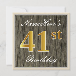 Elegant, Faux Wood, Faux Gold 41st Birthday + Naam Kaart