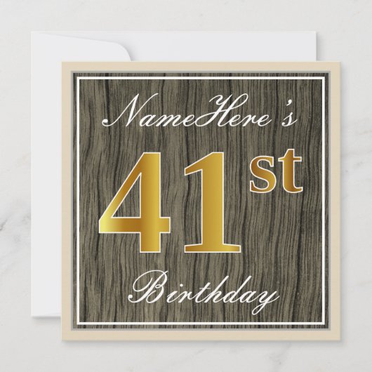 Elegant, Faux Wood, Faux Gold 41st Birthday + Naam Kaart (Voorkant)