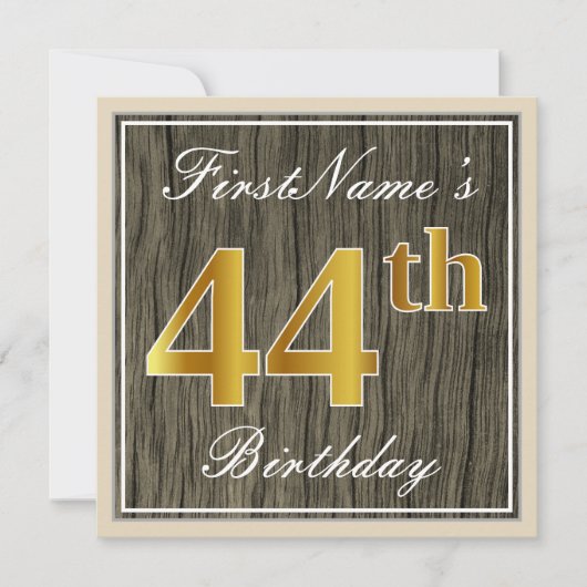 Elegant, Faux Wood, Faux Gold 44th Birthday + Naam Kaart (Voorkant)
