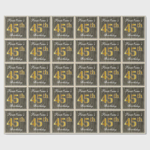 Elegant, Faux Wood, Faux Gold 45th Birthday + Naam Cadeaupapier
