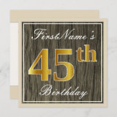 Elegant, Faux Wood, Faux Gold 45th Birthday + Naam Kaart (Voorkant / Achterkant)