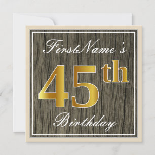 Elegant, Faux Wood, Faux Gold 45th Birthday + Naam Kaart