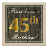 Elegant, Faux Wood, Faux Gold 45th Birthday + Naam Perfect Poster (Voorkant)