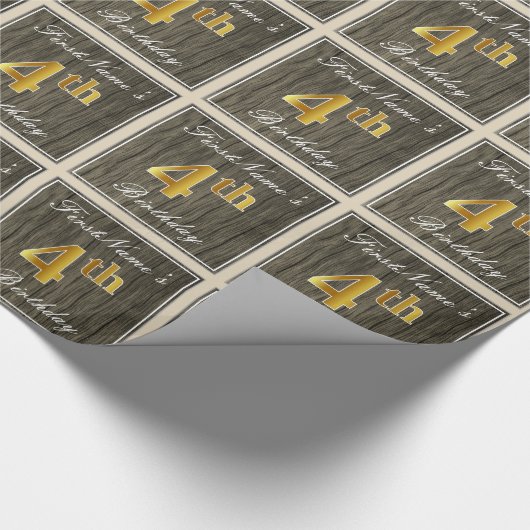 Elegant, Faux Wood, Faux Gold 4th Birthday + Naam Cadeaupapier (Hoek)