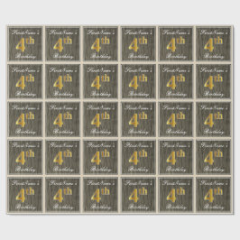Elegant, Faux Wood, Faux Gold 4th Birthday + Naam Cadeaupapier