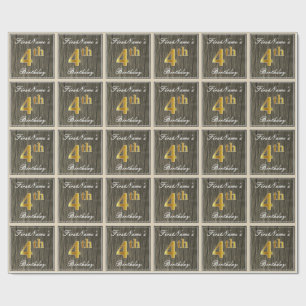 Elegant, Faux Wood, Faux Gold 4th Birthday + Naam Cadeaupapier
