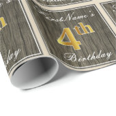 Elegant, Faux Wood, Faux Gold 4th Birthday + Naam Cadeaupapier (Rol Hoek)