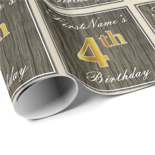 Elegant, Faux Wood, Faux Gold 4th Birthday + Naam Cadeaupapier (Rol Hoek)