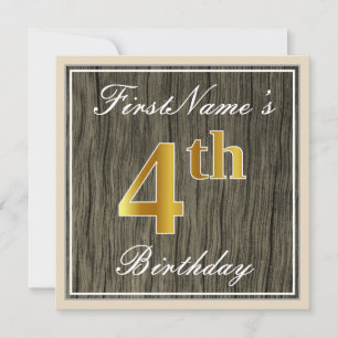 Elegant, Faux Wood, Faux Gold 4th Birthday + Naam Kaart