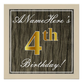Elegant, Faux Wood, Faux Gold 4th Birthday + Naam Perfect Poster