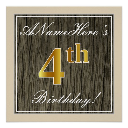 Elegant, Faux Wood, Faux Gold 4th Birthday + Naam Perfect Poster (Voorkant)