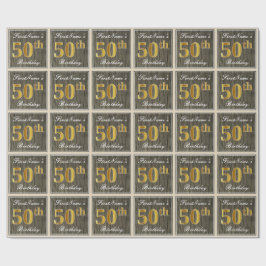 Elegant, Faux Wood, Faux Gold 50th Birthday + Naam Cadeaupapier