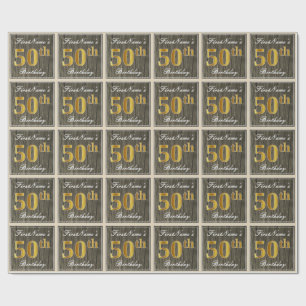 Elegant, Faux Wood, Faux Gold 50th Birthday + Naam Cadeaupapier