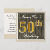 Elegant, Faux Wood, Faux Gold 50th Birthday + Naam Kaart (Voorkant / Achterkant)