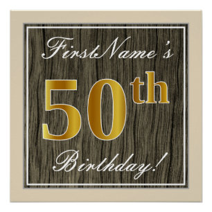 Elegant, Faux Wood, Faux Gold 50th Birthday + Naam Poster