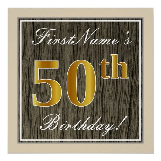 Elegant, Faux Wood, Faux Gold 50th Birthday + Naam Poster (Voorkant)