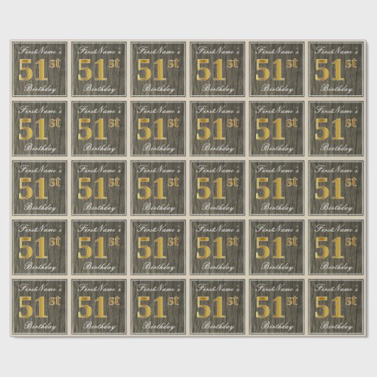 Elegant, Faux Wood, Faux Gold 51st Birthday + Naam Cadeaupapier (Vlak)