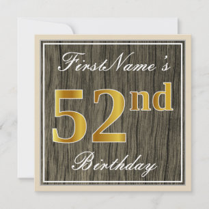 Elegant, Faux Wood, Faux Gold 52nd Birthday + Naam Kaart