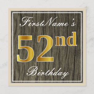Elegant, Faux Wood, Faux Gold 52nd Birthday + Naam Kaart