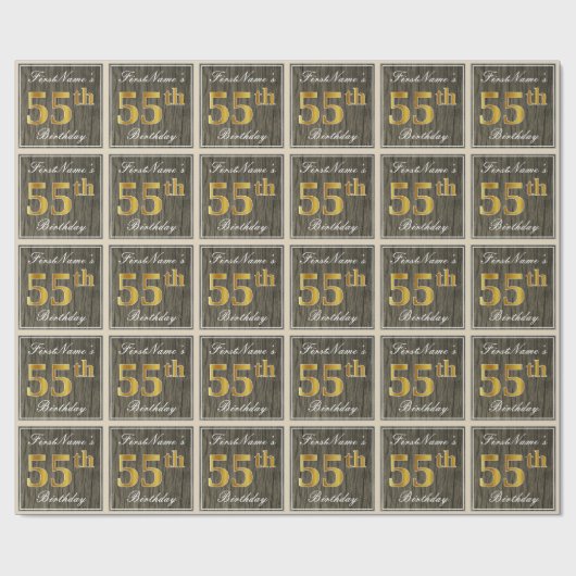 Elegant, Faux Wood, Faux Gold 55th Birthday + Naam Cadeaupapier (Vlak)