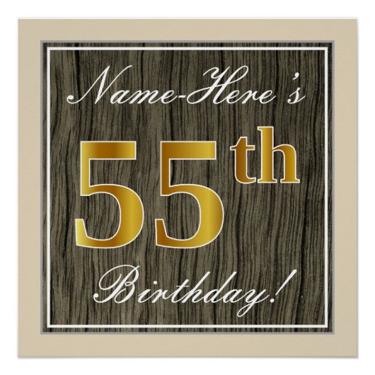 Elegant, Faux Wood, Faux Gold 55th Birthday + Naam Perfect Poster (Voorkant)