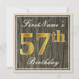 Elegant, Faux Wood, Faux Gold 57th Birthday + Naam Kaart