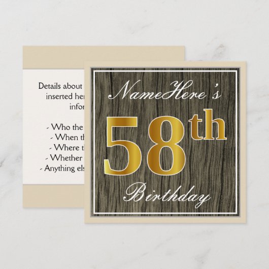 Elegant, Faux Wood, Faux Gold 58ste verjaardag + n Kaart (Voorkant / Achterkant)