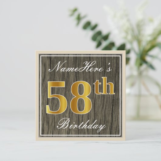Elegant, Faux Wood, Faux Gold 58ste verjaardag + n Kaart (Staand voorkant)