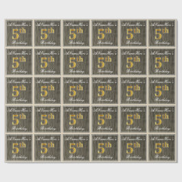 Elegant, Faux Wood, Faux Gold 5th Birthday + Naam Cadeaupapier