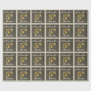 Elegant, Faux Wood, Faux Gold 5th Birthday + Naam Cadeaupapier