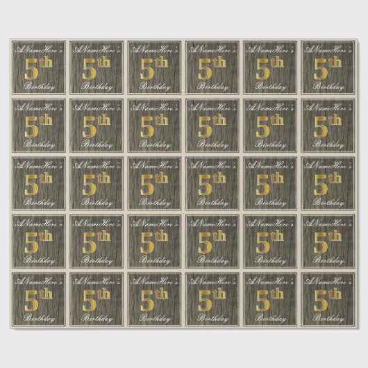 Elegant, Faux Wood, Faux Gold 5th Birthday + Naam Cadeaupapier (Vlak)