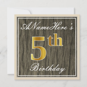 Elegant, Faux Wood, Faux Gold 5th Birthday + Naam Kaart