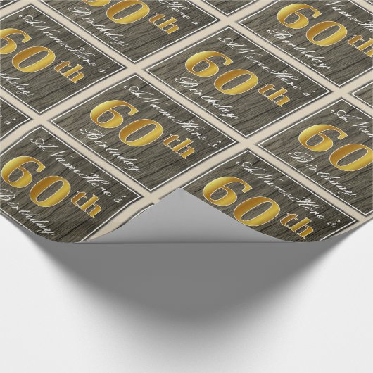 Elegant, Faux Wood, Faux Gold 60th Birthday + Naam Cadeaupapier (Hoek)