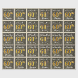 Elegant, Faux Wood, Faux Gold 60th Birthday + Naam Cadeaupapier