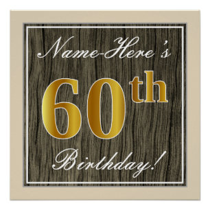 Elegant, Faux Wood, Faux Gold 60th Birthday + Naam Poster