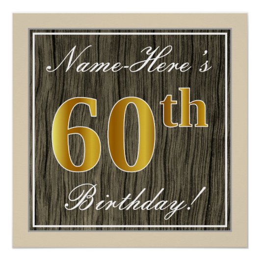 Elegant, Faux Wood, Faux Gold 60th Birthday + Naam Poster (Voorkant)