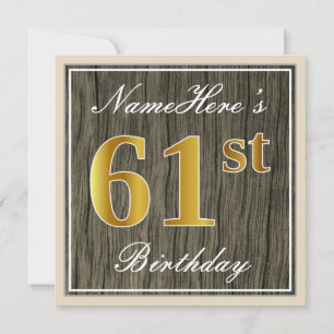 Elegant, Faux Wood, Faux Gold 61st Birthday + Naam Kaart