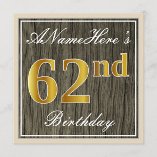 Elegant, Faux Wood, Faux Gold 62nd Birthday + Naam Kaart