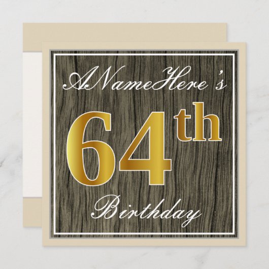Elegant, Faux Wood, Faux Gold 64ste verjaardag + n Kaart (Voorkant / Achterkant)