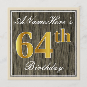Elegant, Faux Wood, Faux Gold 64th Birthday + Naam Kaart