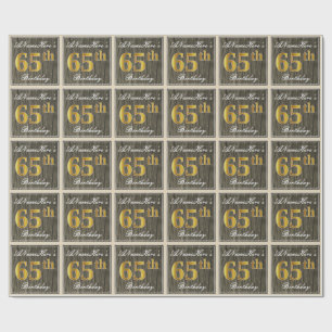 Elegant, Faux Wood, Faux Gold 65th Birthday + Naam Cadeaupapier