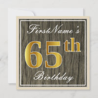 Elegant, Faux Wood, Faux Gold 65th Birthday + Naam