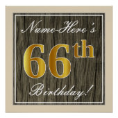 Elegant, Faux Wood, Faux Gold 66th Birthday + Naam Poster (Voorkant)