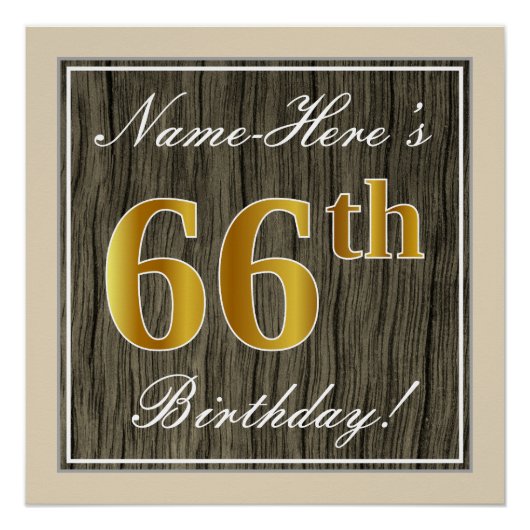 Elegant, Faux Wood, Faux Gold 66th Birthday + Naam Poster (Voorkant)