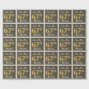 Elegant, Faux Wood, Faux Gold 67th Birthday + Naam Cadeaupapier