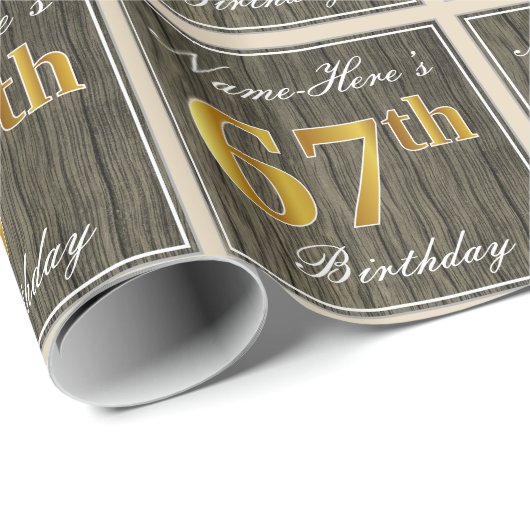 Elegant, Faux Wood, Faux Gold 67th Birthday + Naam Cadeaupapier (Rol Hoek)